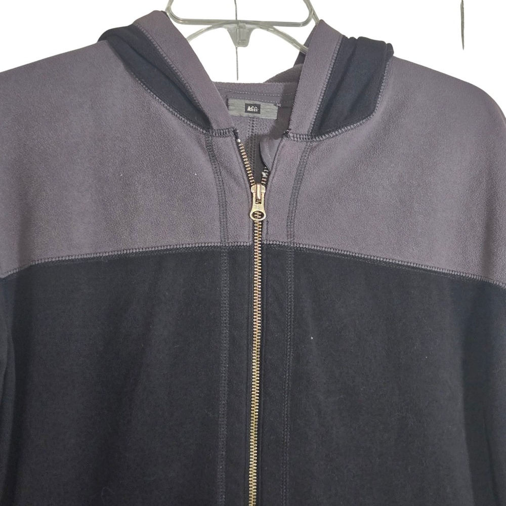REI Mens Fleece Hoodie Full Zip Colorblock Black‎ Grey Recycled Polyester Medium